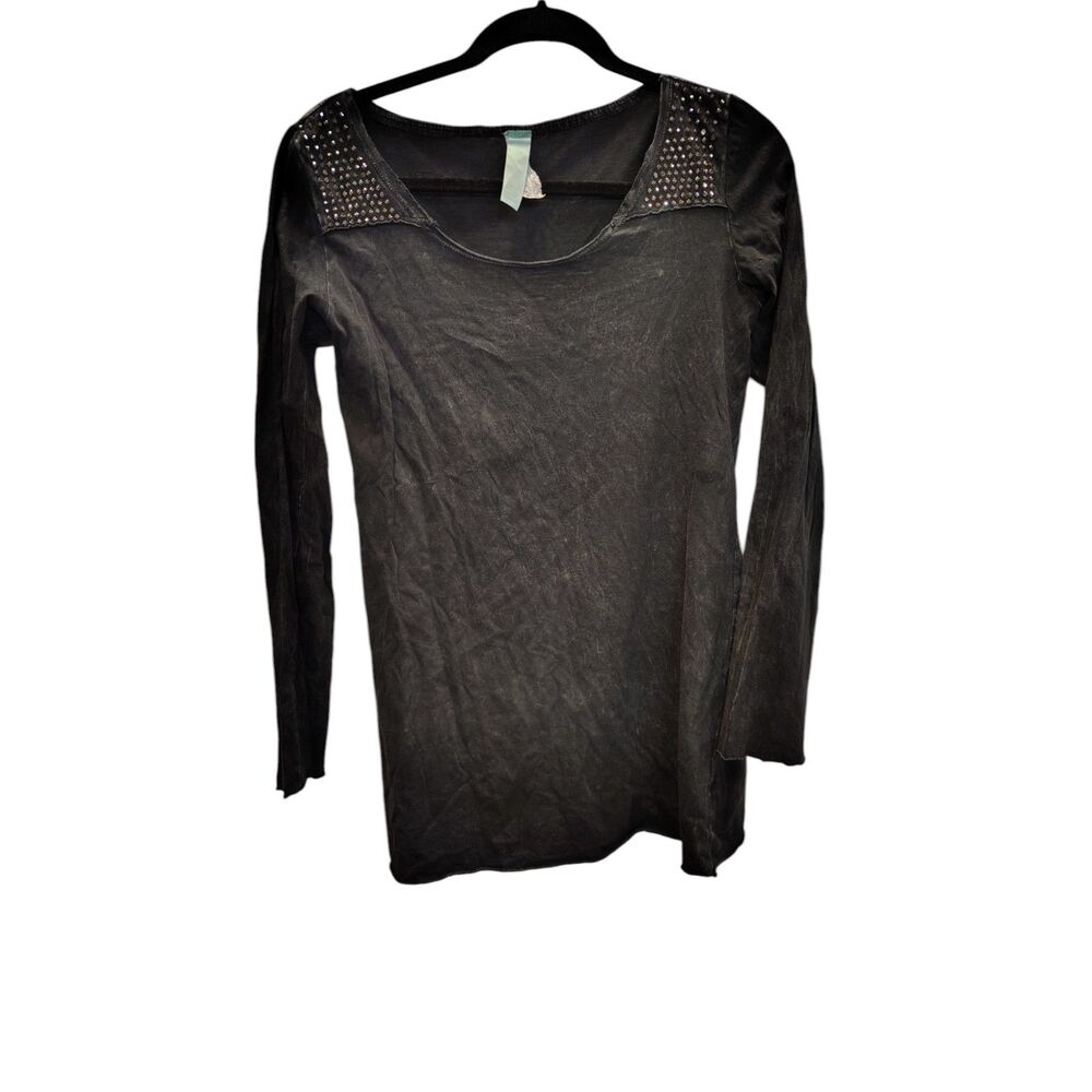 Lawman Women's Medium Charcoal Jeweled Bling‎ Shoulder Long Sleeve T-Shirt